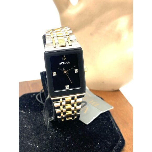 Bulova Women's Watch 98P185 Quartz Diamond Accent Black Dial Tank Two Tone Steel - Picture 12 of 13